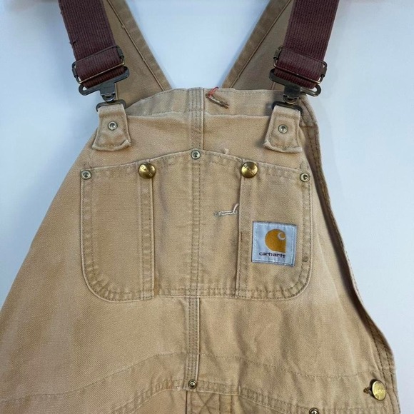 Carhartt Other - Carhartt red lined bib overalls vtg thrashed 36x29 double knee duck canvas work